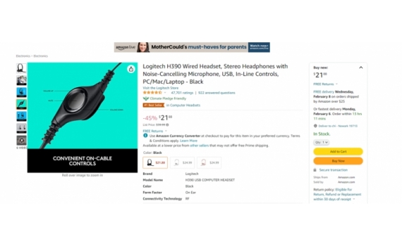 Logitech H390 Wired Headset,